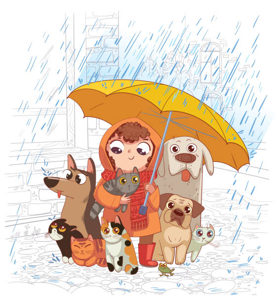 девушка с собаками и кошками стоит под дождем под з�онтиком - cartoon umbrella dog care stock illustrations