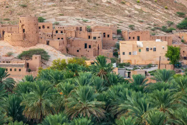 Middle East, Arabian Peninsula, Oman, Ad Dakhiliyah, Nizwa. Palm trees and a traditional mountain village in Nizwa,Oman.