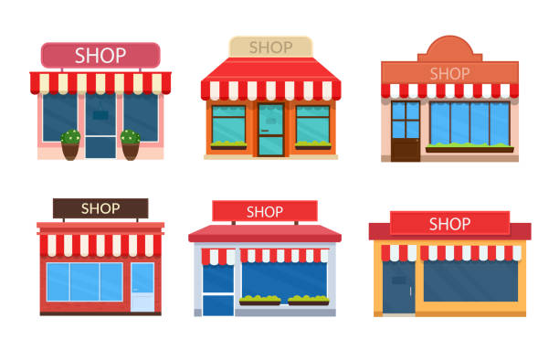 ilustraciones, imágenes clip art, dibujos animados e iconos de stock de conjunto de edificios de tiendas vectoriales. fachada exterior de la tienda. - tienda