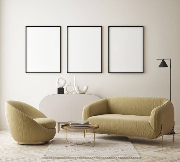 istock mock up poster frame in modern interior background, scandinavian style, 3D render 1300886852