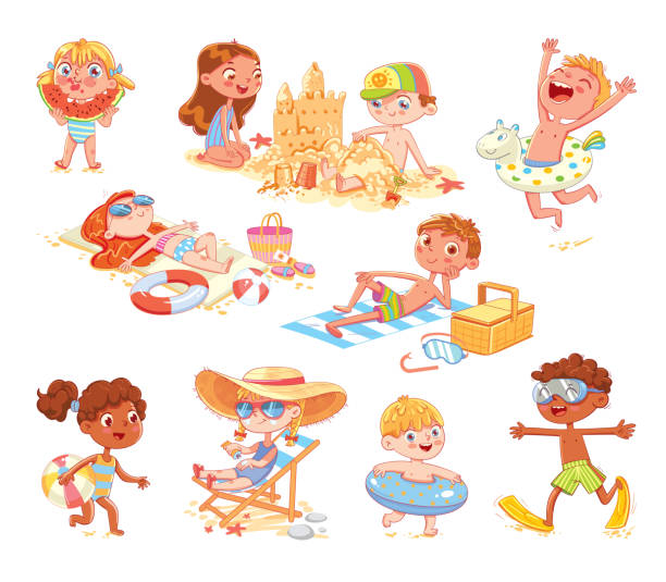 ilustraciones, imágenes clip art, dibujos animados e iconos de stock de conjunto de escenas de verano con niños. vacaciones en el mar - swimwear child inner tube little girls