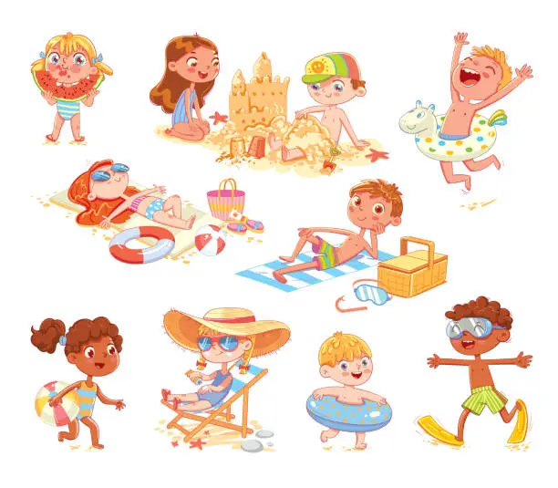 Vector illustration of Set of summer scenes with children. Vacation at sea