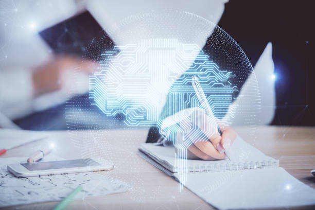 istock Double exposure of brain drawing over people taking notes background. Concept of Ai 1300892131