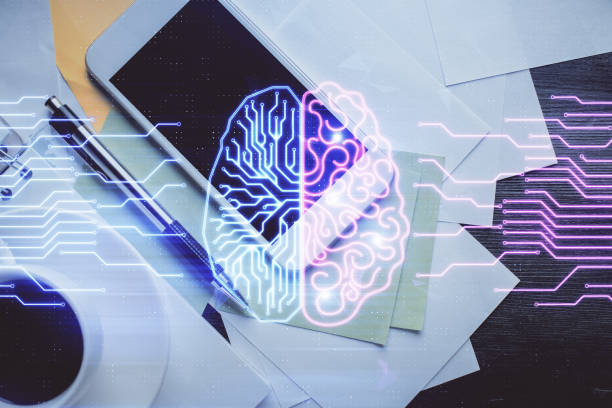 istock Double exposure of brain drawing over work table desktop. Top view. Global data analysis concept. 1300892647
