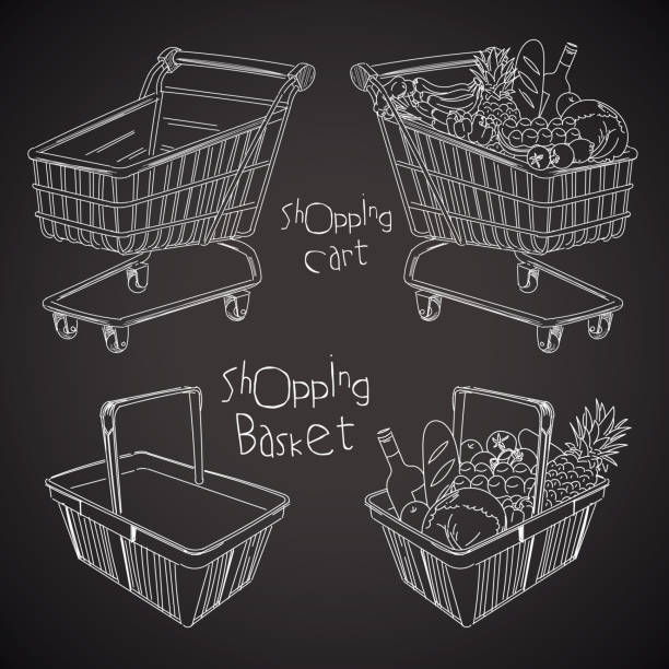 Shopping basket and Shopping cart. Empty and full. Drawing on a blackboard Shopping basket and Shopping cart. Empty and full. Drawing on a blackboard. Vector illustration cart illustrations stock illustrations