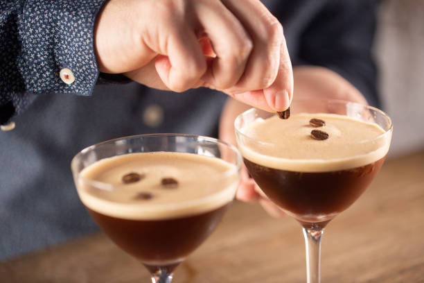 istock Espresso martini vodka short drink as a coffee cocktail inclduing coffee liqueur and vanilla syrup. 1300893187