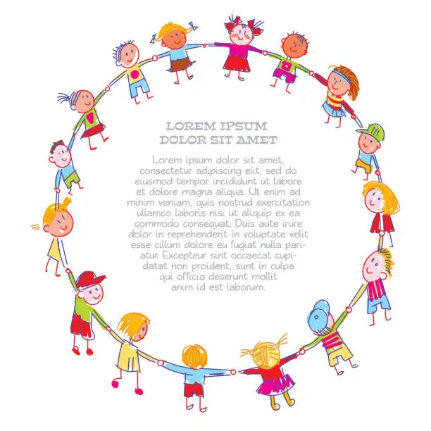 Vector illustration of Childrens drawing a round dance, made with colored chalks