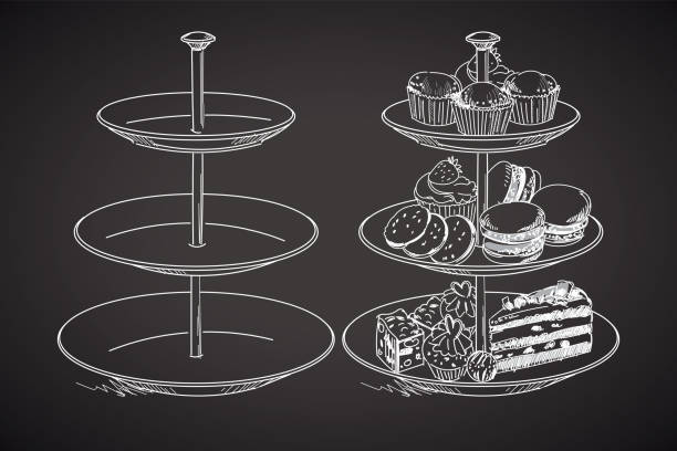 illustrazioni stock, clip art, cartoni animati e icone di tendenza di piatto a tre livelli. disegno su una lavagna. illustrazione vettoriale - afternoon tea