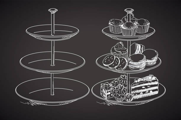 3 개의 계층 플레이트. 칠판에 그리기. 벡터 일러스트레이션 - afternoon tea stock illustrations