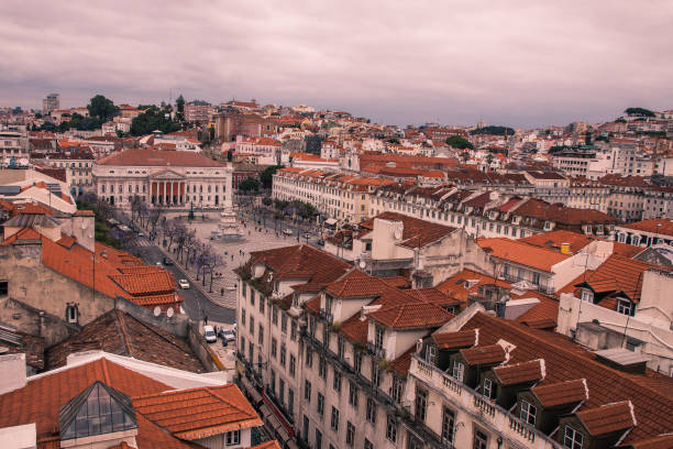 Aerial view of Lisbon old city, Portugal Skyline aerial view of Lisbon old city, Portugal. View to Rossio Square from viewpoint Miradouro do Elevador de Santa Justa santa justa lift portugal stock pictures, royalty-free photos & images