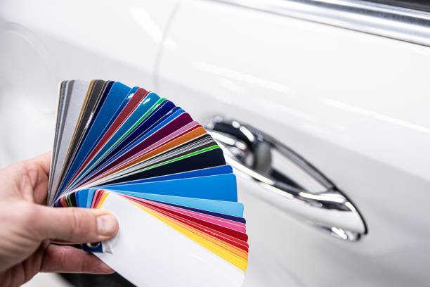 Man choosing color of his car with color sampler. stock photo