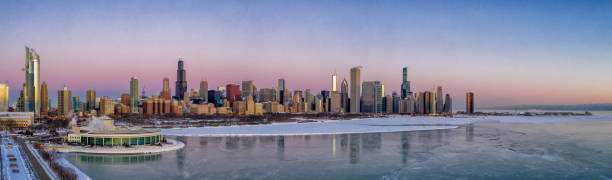 istock Panorama of Chicago Skyline at Dawn - Polar Vortex 1300896451