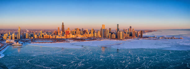 istock Panoramic View of Chicago During Polar Vortex 1300896460