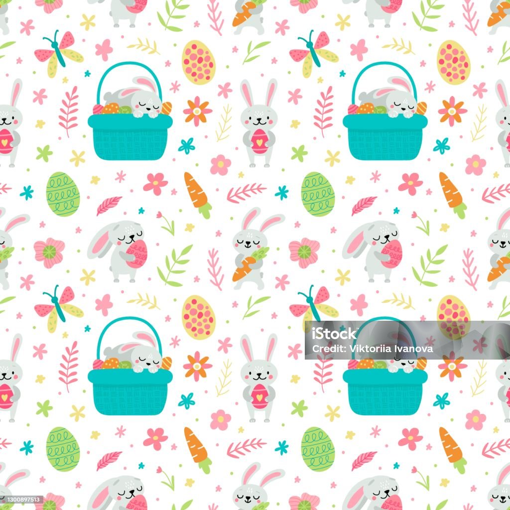 Vector Seamless Pattern For Easter And Spring Designs With Rabbits And ...