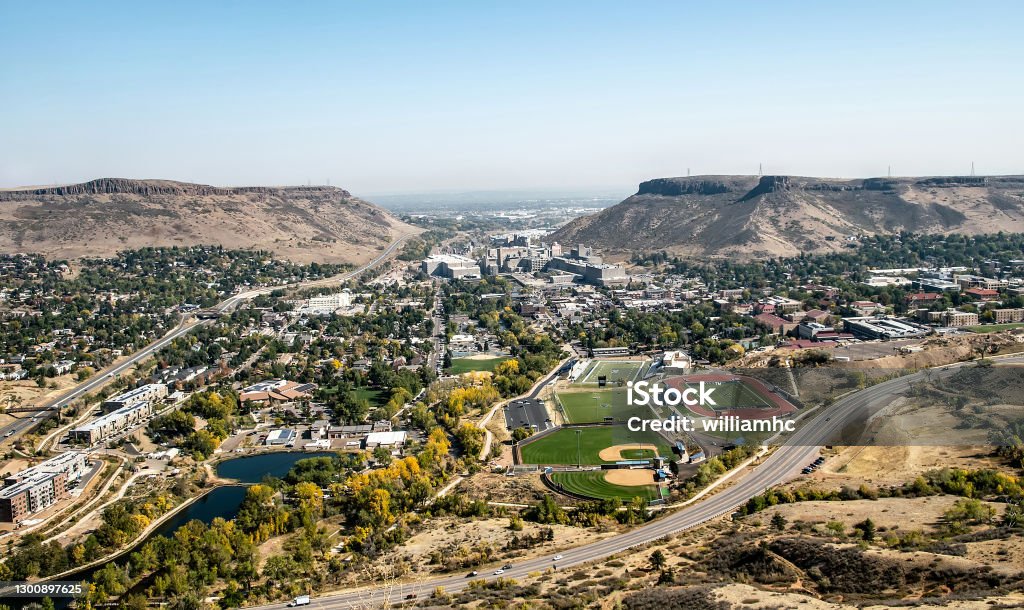 City of Golden, Colorado View of of the city from Lookout Mountain Road also known as the Lariat Loop Scenic Byway Golden - Colorado Stock Photo