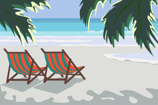 istock Landscape tropical coast sea shore with palms and two sun loungers sunny day wave sand sky sea vacation exotic cartoon Flat Vector illustration . 1300897796