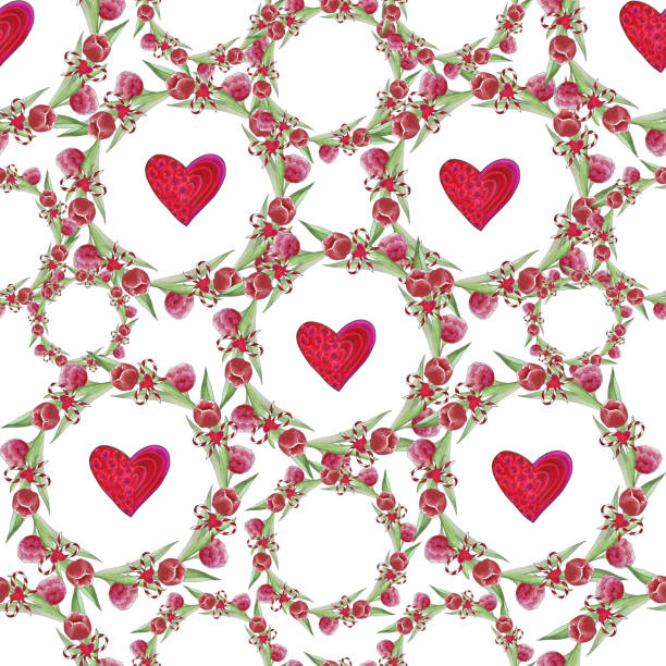 Seamless watercolor pattern with tulip wreaths and hearts