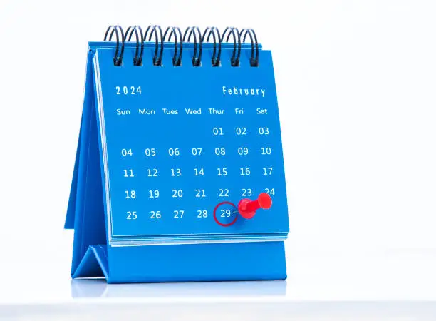 A blue calendar on February 29, 2024 on a leap year or leap day on a white background.