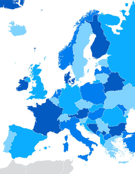 유럽의지도. 국가 및 국가 지리적 테두리가 있는 벡터 블루 일러스트레이션 - spain germany stock illustrations