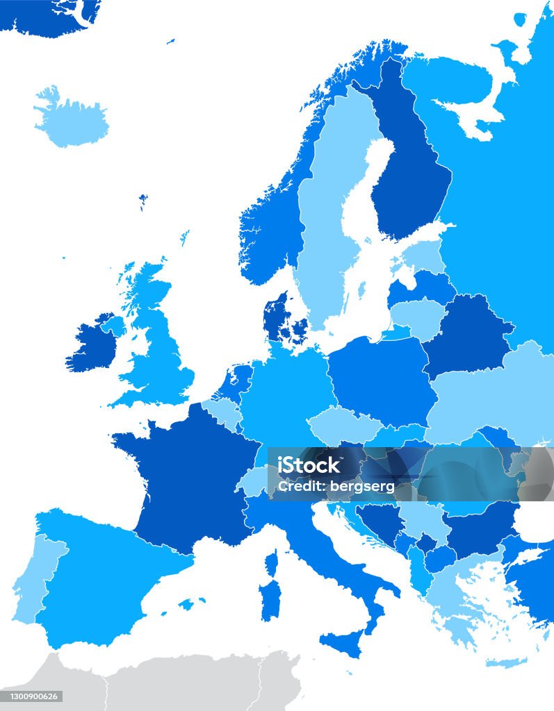 Карта Европы. Векторная голубая иллюстрация со странами и национальными географическими границами - Векторная графика Европа - континент роялти-фри