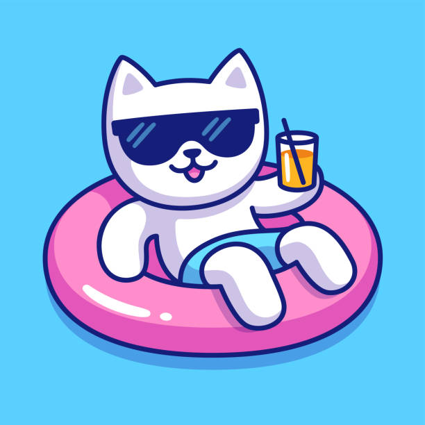 мультфильм кошка бассейн плавать отпуск - swimming animal stock illustrations