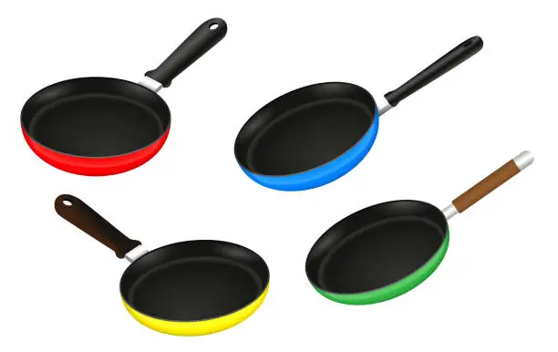 Vector illustration of set of frying pan kitchen utensil or alumunium flat frying pan or realistic stainless steel flat cooking pan concept. eps 10 vector, easy to modify