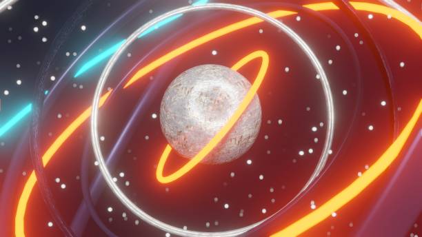 istock Abstract metal sphere and rotating metal rings around it. Abstract a complex rotating mechanism 1300905955