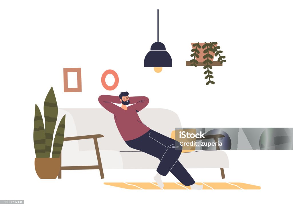 Man Relaxing On Sofa In Living Room Cartoon Male Having Rest On Couch At  Home Stock Illustration - Download Image Now - iStock