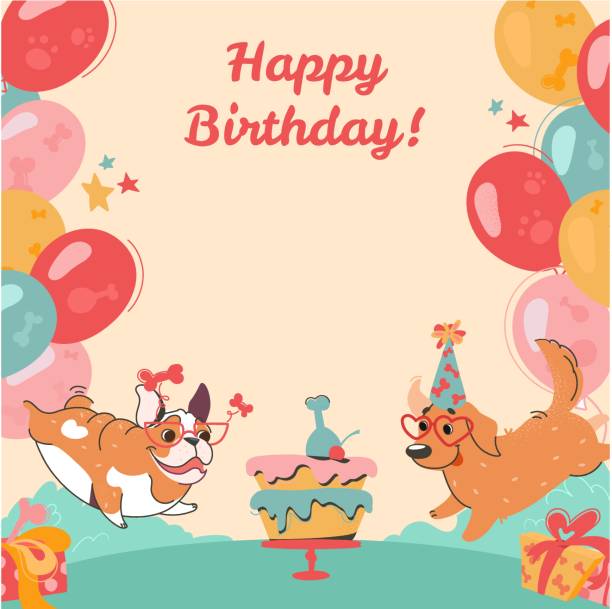 geburtstag von lustigen hunden. alles gute zum geburtstag postkarte mit welpen. bulldogge und labrador, kuchen, geschenke, bunte luftballons auf isoliertem hintergrund. vektor-einladung mit glückwünschen, incartoon-stil - color image retriever illustration technique horizontal stock-grafiken, -clipart, -cartoons und -symbole