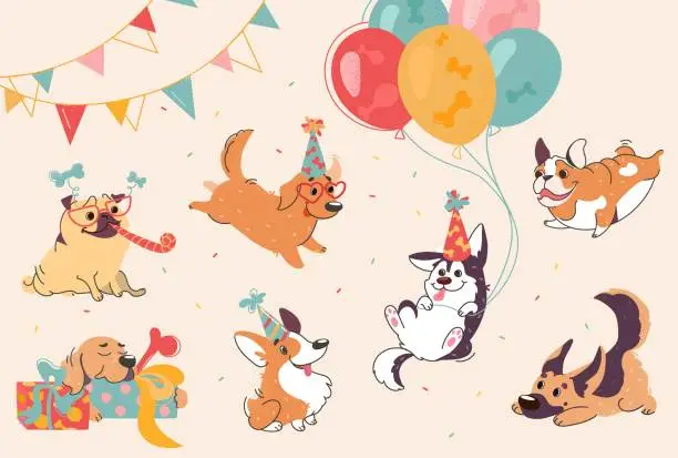 Vector illustration of Dog birthday party. Puppies of different breeds at the party, labrador, corgi, shepherd, pug, american bulldog, retriever. The dogs are wearing 
cones, sunglasses. Cartoon set for design feast. Vector