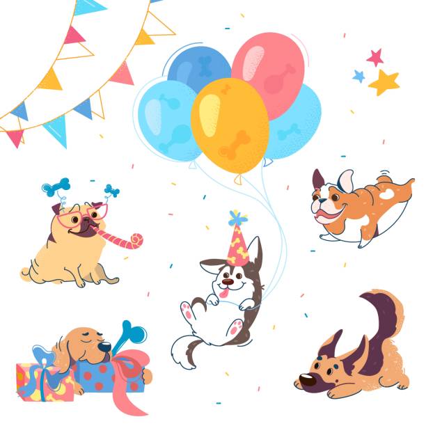 illustrazioni stock, clip art, cartoni animati e icone di tendenza di cuccioli di razze diverse alla festa: labrador, husky, pastore tedesco, carlino, bulldog americano. i cani hanno un compleanno. husky sta volando in mongolfiera. vector impostato in stile cartone animato per festa, stampa, tessile. - 5123