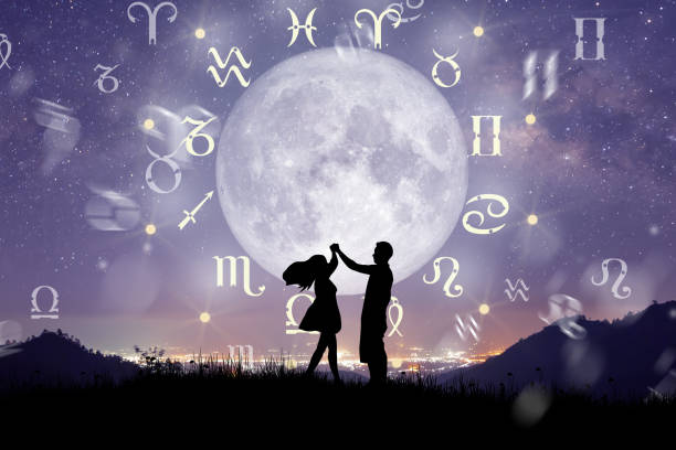Zodiac wheel. Astrology concept. Astrological zodiac signs inside of horoscope circle. Couple singing and dancing over the zodiac wheel and milky way background. The power of the universe concept. aries stock pictures, royalty-free photos & images