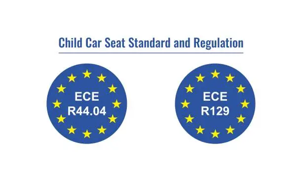 Vector illustration of Vector illustration of Child Car Seat Standard ECE R44.04 and R129 sticker design in circular shape
