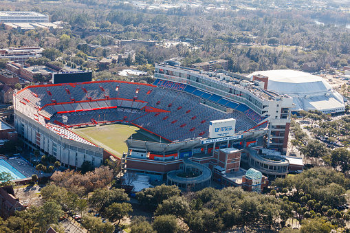 Aerial view of Ben Hill Griffin Stadium Gainesville Florida photograph taken Feb 2021
