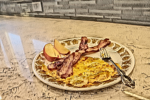 Crispy strips of bacon, apple slices, and scrambled cheese eggs on a classic white antique plate butterfly gold with fork with a photo edited of fine art painted.