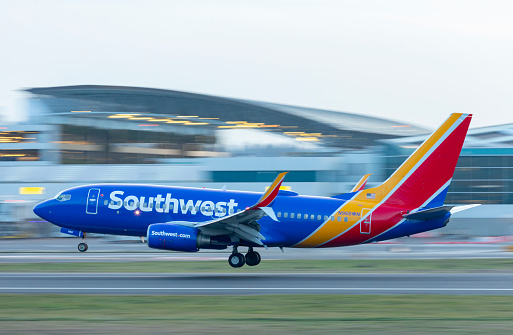 Portland, Oregon, USA - January 17, 2021: A Southwest Airlines 737 comes in for a landing at Portland International Airport.