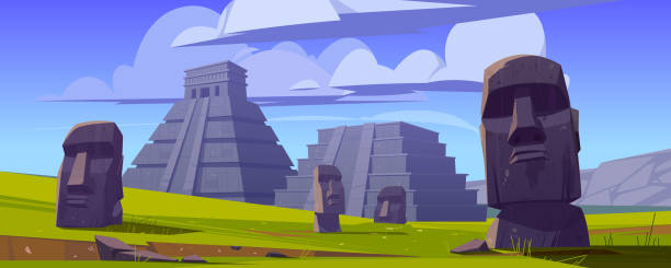 illustrazioni stock, clip art, cartoni animati e icone di tendenza di statue e piramidi moai, repubblica del cile. - moai statue