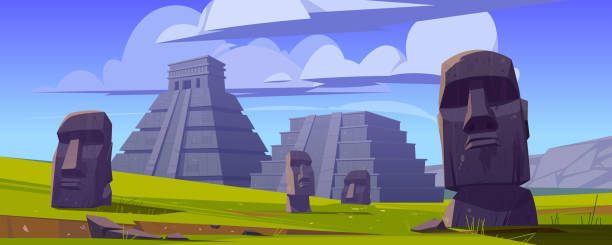 ilustrações de stock, clip art, desenhos animados e ícones de moai statues and pyramids, republic of chile. - moai statue