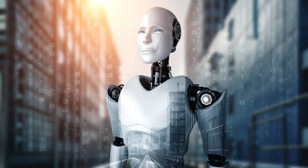 istock 3D illustration robot humanoid looking forward against cityscape skyline 1300933441
