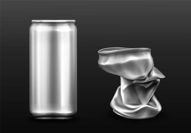 Crumpled aluminium can, metal trash for recycle Crumpled aluminium can, empty container for soda or beer. Vector realistic mockup of metal trash for recycle, crushed tin can for drink. Recycling garbage isolated on gray background aluminum sign mockup stock illustrations