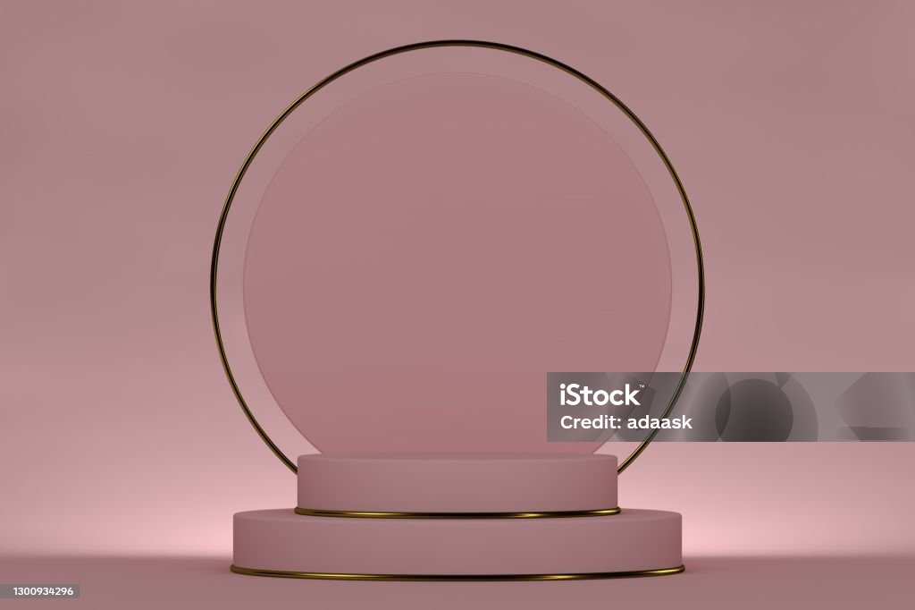 3d render. Minimal abstract background. Empty podium, vacant pedestal, modern stage, showcase. Round gold frame, cylinder steps, modern concept, blank space. Abstract Stock Photo
