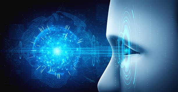 istock Robot humanoid face close up with graphic concept of AI thinking brain 1300934580