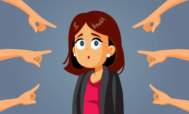Hands Pointing to a Confused Business Woman Woman facing sexism and misogyny at her workplace embarrassed stock illustrations