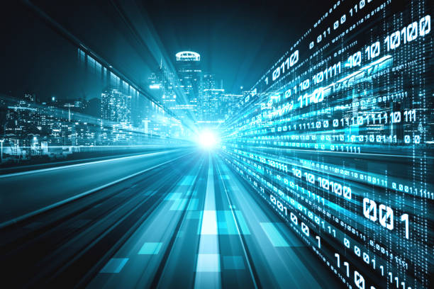 istock Digital data flow on road with motion blur to create vision of fast speed transfer 1300935735