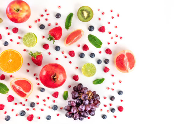 istock Fresh summer fruit, a flat lay on a white background, vibrant food pattern 1300937356