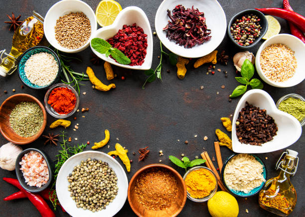 Various spices in a bowls on a black