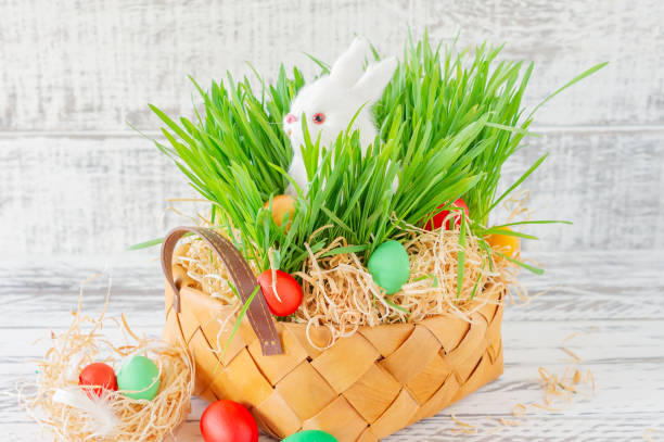 istock Hand-painted decorated Easter eggs in the basket on white wooden background, close up. Easter background 1300938286