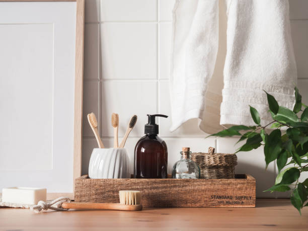 istock White bath background front view with cosmetic bottle and bath accessories 1300939324