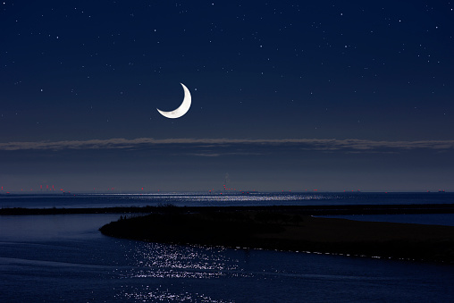 Crescent moon rising over the Tokyo bay area with copy space.
