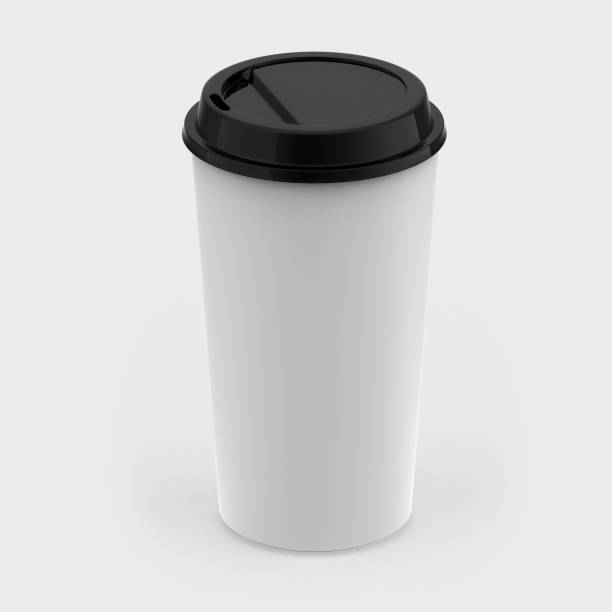 istock 3D Illustration, 3D rendering White paper coffee cup medium size with black lid isolated on white background. Front perspective view. Packaging template mockup collection. 1300941113